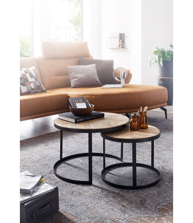 Wohnling Salontafel 2-delige set Massief hout / Metaal Woonkamertafel Industrieel Rond, Bijzettafel met metalen poten Zwart, Tafelset 2-delig Nesttafel Hout