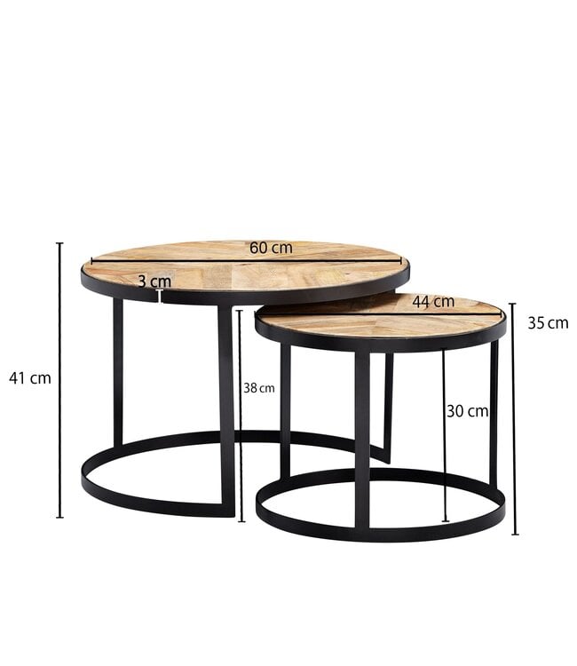 Wohnling Salontafel 2-delige set Massief hout / Metaal Woonkamertafel Industrieel Rond, Bijzettafel met metalen poten Zwart, Tafelset 2-delig Nesttafel Hout