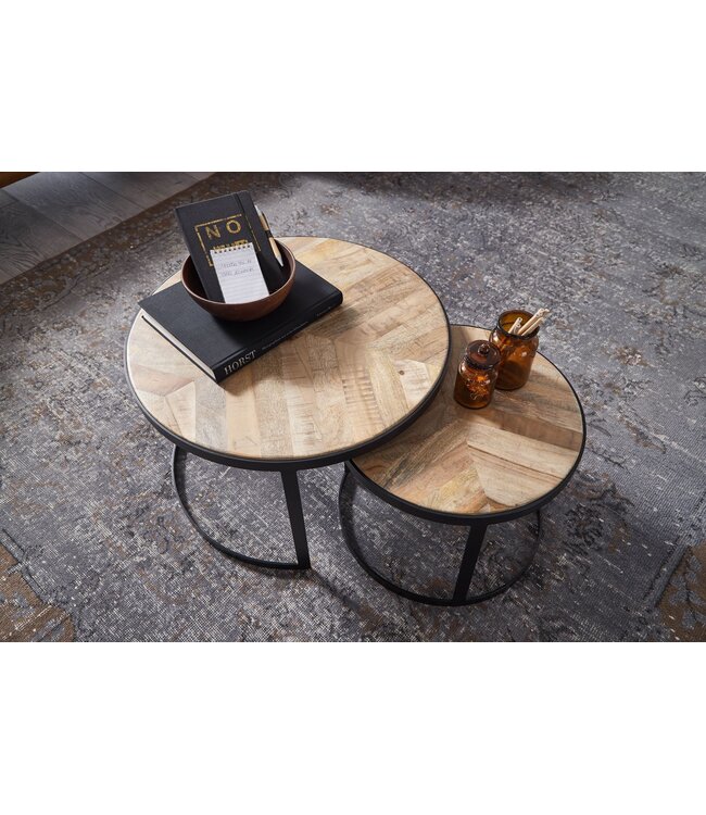 Wohnling Salontafel 2-delige set Massief hout / Metaal Woonkamertafel Industrieel Rond, Bijzettafel met metalen poten Zwart, Tafelset 2-delig Nesttafel Hout