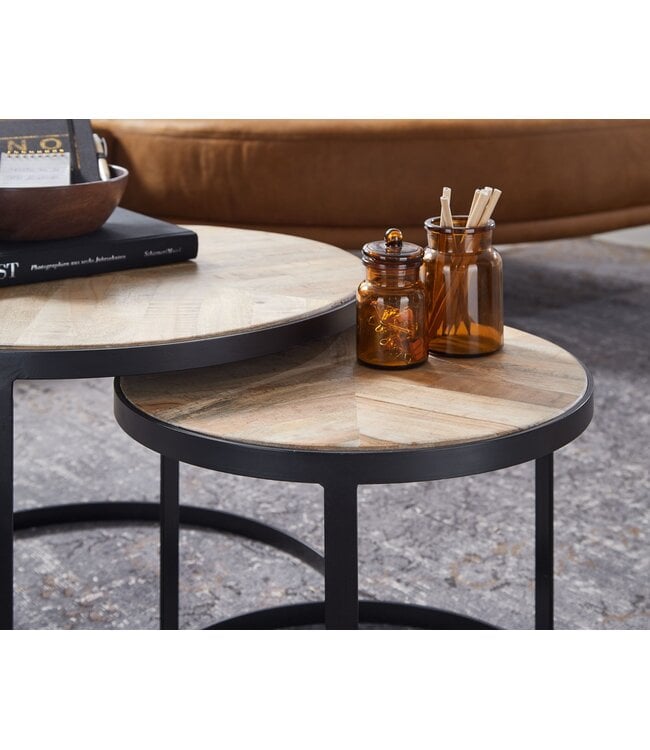 Wohnling Salontafel 2-delige set Massief hout / Metaal Woonkamertafel Industrieel Rond, Bijzettafel met metalen poten Zwart, Tafelset 2-delig Nesttafel Hout