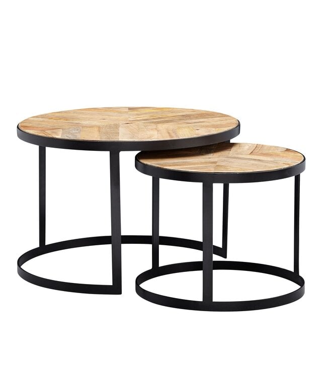 Wohnling Salontafel 2-delige set Massief hout / Metaal Woonkamertafel Industrieel Rond, Bijzettafel met metalen poten Zwart, Tafelset 2-delig Nesttafel Hout