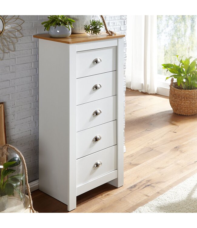 Wohnling dressoir met 5 lades 53x114x39 cm ladekast wit / eiken modern | Design dressoir hoog smal | Commode woonkamer