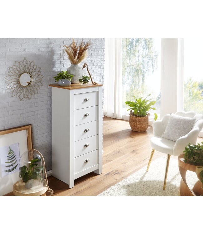 Wohnling dressoir met 5 lades 53x114x39 cm ladekast wit / eiken modern | Design dressoir hoog smal | Commode woonkamer