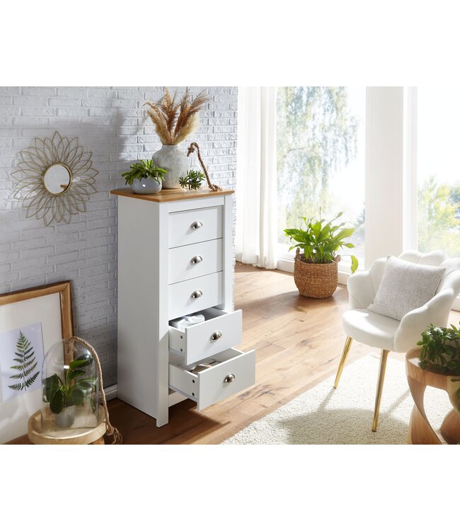Wohnling dressoir met 5 lades 53x114x39 cm ladekast wit / eiken modern | Design dressoir hoog smal | Commode woonkamer