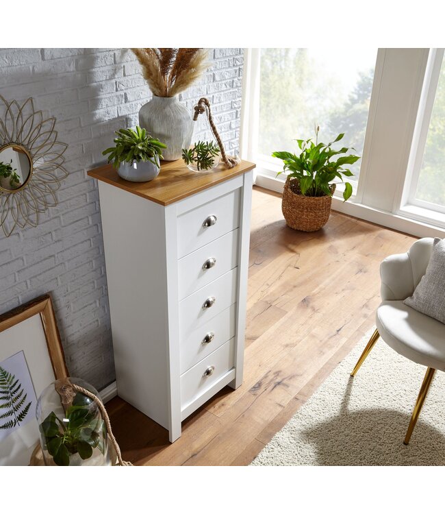 Wohnling dressoir met 5 lades 53x114x39 cm ladekast wit / eiken modern | Design dressoir hoog smal | Commode woonkamer