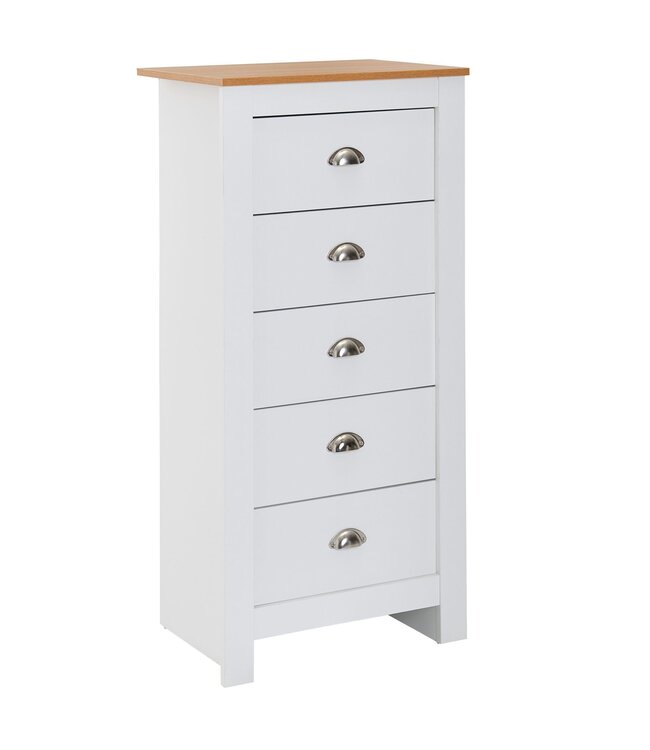 Wohnling dressoir met 5 lades 53x114x39 cm ladekast wit / eiken modern | Design dressoir hoog smal | Commode woonkamer