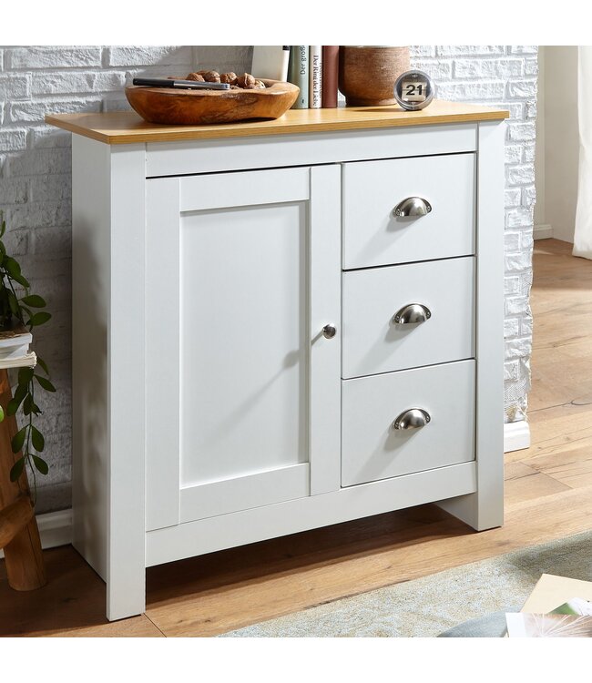 Wohnling dressoir met 3 lades 79x81x35 cm ladekast wit / eiken modern | Design hoog dressoir met deur | Commode woonkamer