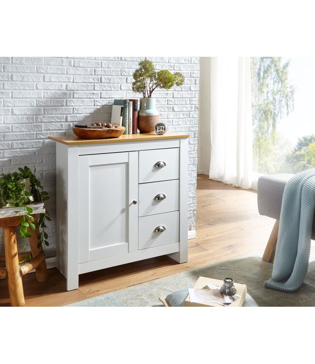 Wohnling dressoir met 3 lades 79x81x35 cm ladekast wit / eiken modern | Design hoog dressoir met deur | Commode woonkamer