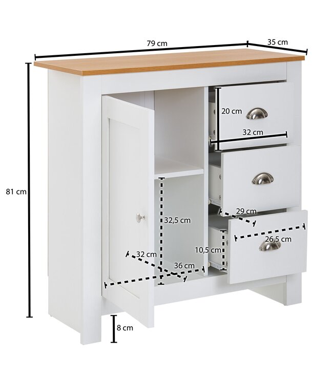 Wohnling dressoir met 3 lades 79x81x35 cm ladekast wit / eiken modern | Design hoog dressoir met deur | Commode woonkamer