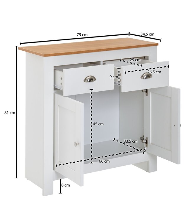 Wohnling dressoir met 2 lades 79x81x34,5 cm ladekast wit / eiken modern | Design hoog dressoir met deuren | Commode woonkamer