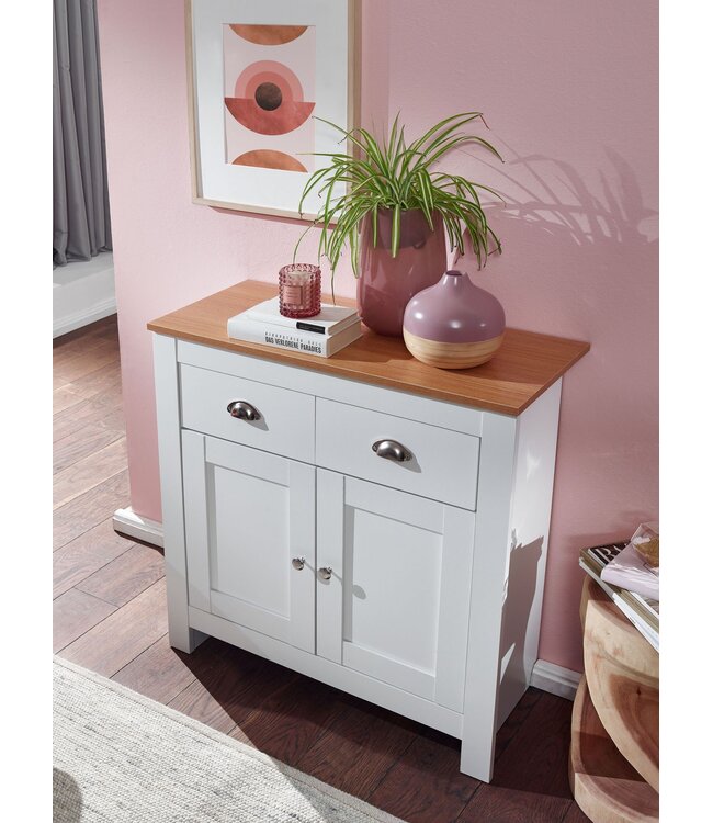 Wohnling dressoir met 2 lades 79x81x34,5 cm ladekast wit / eiken modern | Design hoog dressoir met deuren | Commode woonkamer