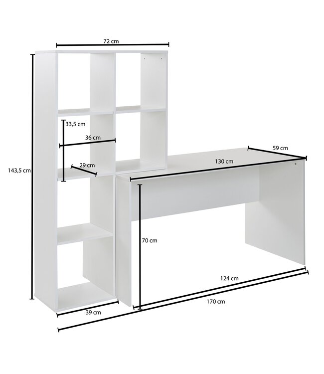 Wohnling bureau met plank wit 170x59x143,5 cm bureautafel modern | Laptoptafel met 6 planken | Computerbureau aan huis met opbergruimte