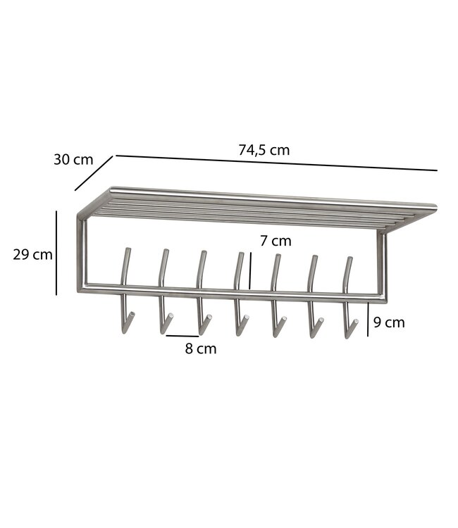 Wohnling wandkapstok metaal zilver 74,5x29x30 cm halkapstok met plank, design haakrail wandpaneel staal, kapstokwand met hoedenrek, kapstok hal