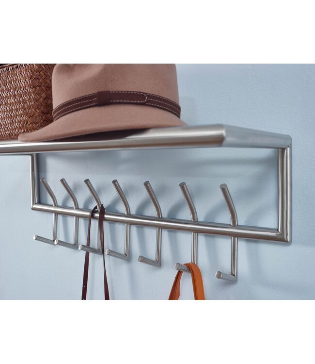 Wohnling wandkapstok metaal zilver 74,5x29x30 cm halkapstok met plank, design haakrail wandpaneel staal, kapstokwand met hoedenrek, kapstok hal
