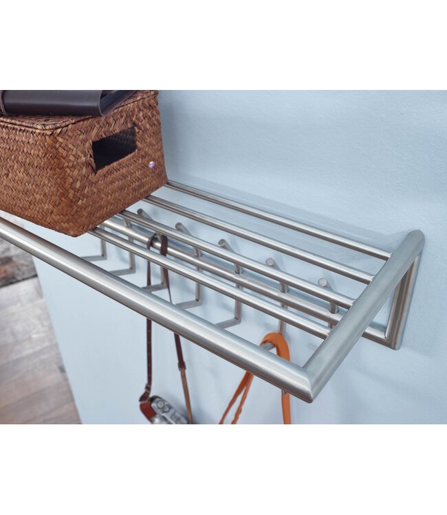 Wohnling wandkapstok metaal zilver 74,5x29x30 cm halkapstok met plank, design haakrail wandpaneel staal, kapstokwand met hoedenrek, kapstok hal
