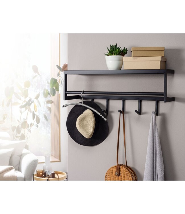 Wohnling metaal zwart 70x20x20 cm hal kapstok met plank | Design haakrail wandpaneel staal | Garderobewand met hoedenrek | Kapstok gang