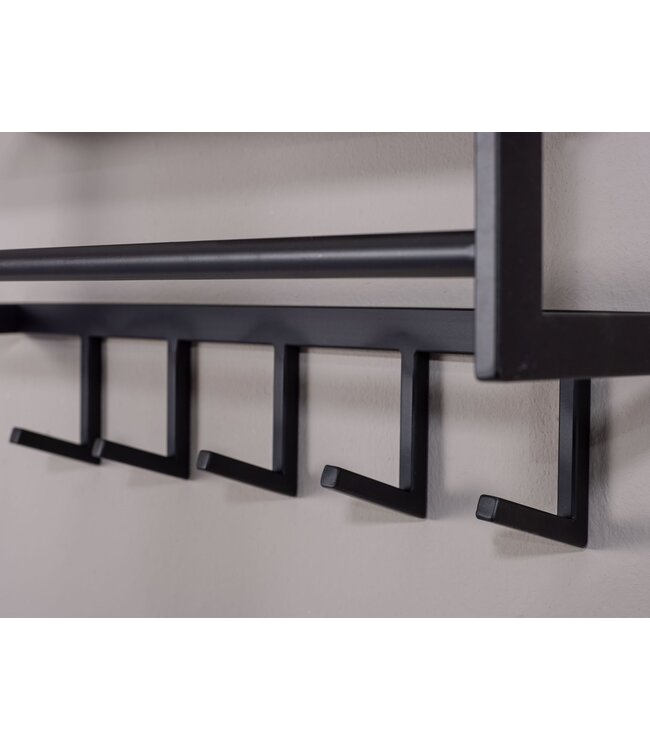 Wohnling metaal zwart 70x20x20 cm hal kapstok met plank | Design haakrail wandpaneel staal | Garderobewand met hoedenrek | Kapstok gang