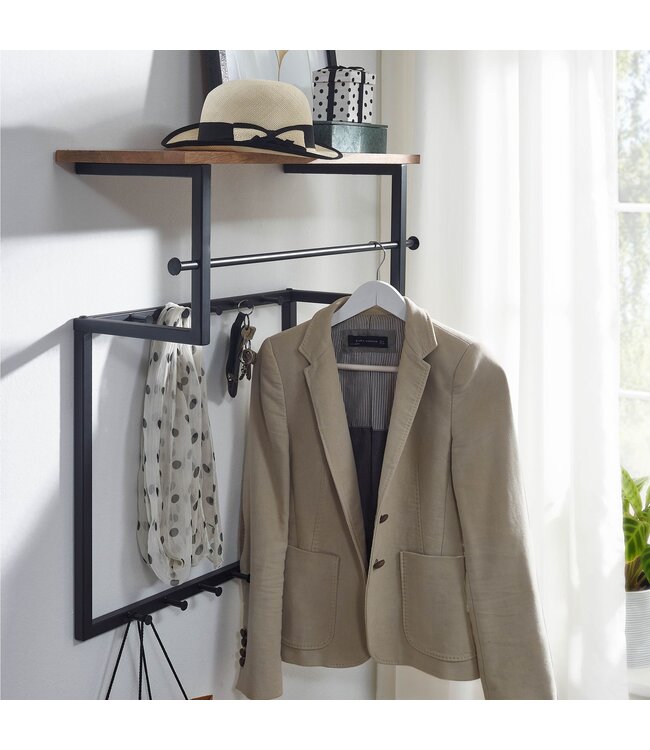 Wohnling design wandgarderobe mango massief hout metaal 60x76x26 cm | Haakstang met plank en kledingroede | Hal garderobe garderobe wand hout