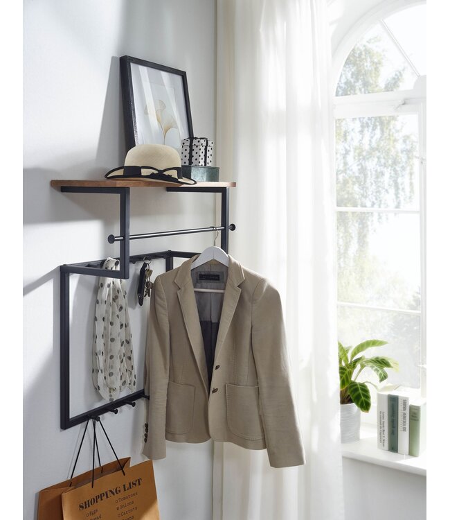 Wohnling design wandgarderobe mango massief hout metaal 60x76x26 cm | Haakstang met plank en kledingroede | Hal garderobe garderobe wand hout
