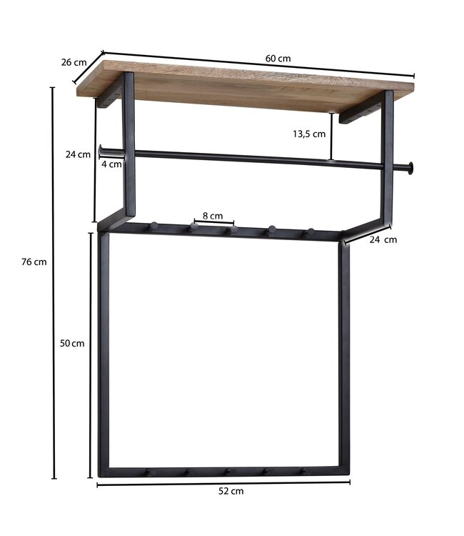 Wohnling design wandgarderobe mango massief hout metaal 60x76x26 cm | Haakstang met plank en kledingroede | Hal garderobe garderobe wand hout