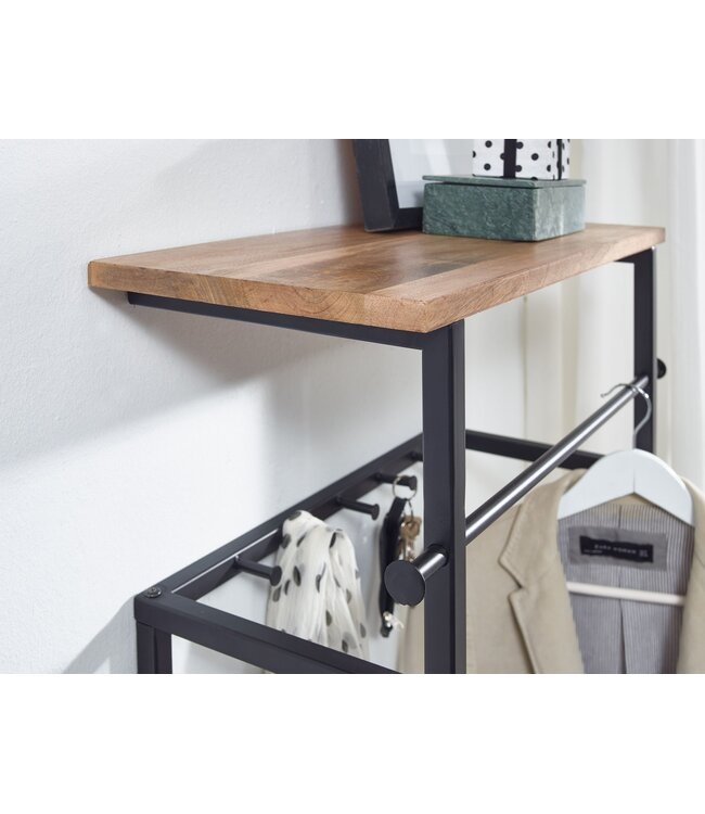Wohnling design wandgarderobe mango massief hout metaal 60x76x26 cm | Haakstang met plank en kledingroede | Hal garderobe garderobe wand hout