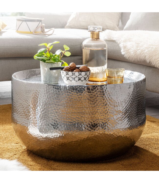 Wohnling salontafel aluminium zilver 60x60x35 cm salontafel gehamerd | Design salontafel rond aluminium oosters | Ronde metalen salontafel klein