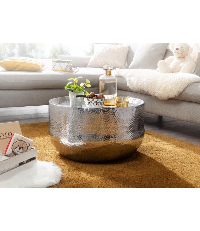 Wohnling salontafel aluminium zilver 60x60x35 cm salontafel gehamerd | Design salontafel rond aluminium oosters | Ronde metalen salontafel klein