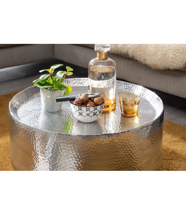 Wohnling salontafel aluminium zilver 60x60x35 cm salontafel gehamerd | Design salontafel rond aluminium oosters | Ronde metalen salontafel klein