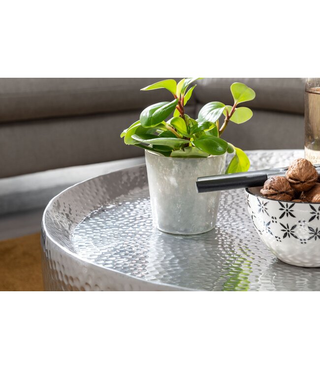 Wohnling salontafel aluminium zilver 60x60x35 cm salontafel gehamerd | Design salontafel rond aluminium oosters | Ronde metalen salontafel klein