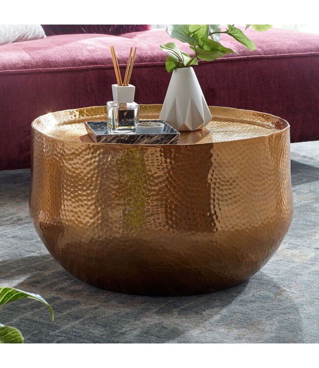 Wohnling salontafel aluminium goud 60x60x35 cm woonkamertafel gehamerd | Design salontafel rond aluminium oosters | Ronde metalen salontafel klein
