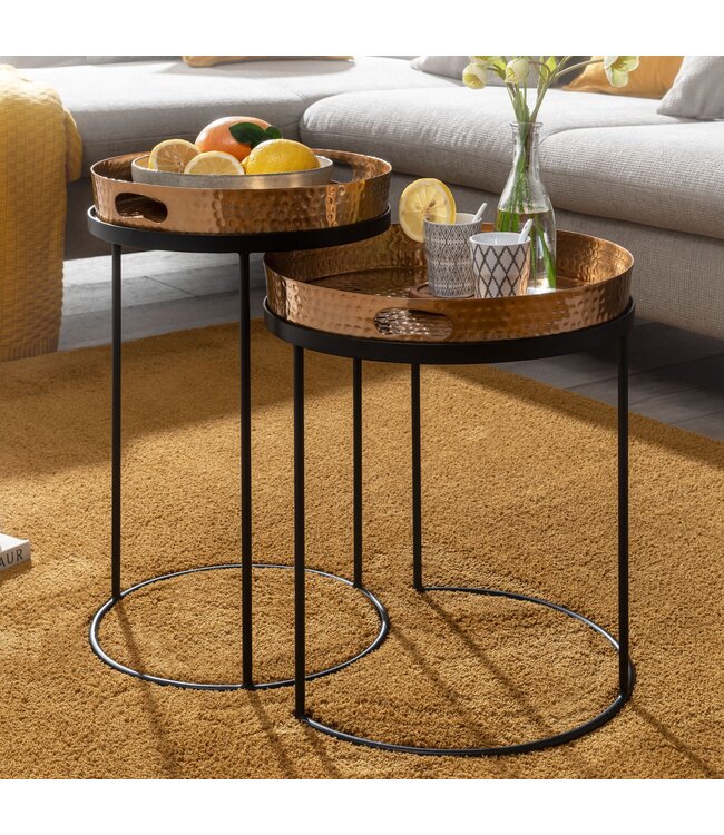 Wohnling Bijzettafel 2-delige set Goud / Zwart Metaal Hamerslag Salontafel Rond, Couchtafel afneembaar dienblad, Dienbladtafel Sofa 2-delig Modern, Ronde Sofatafel