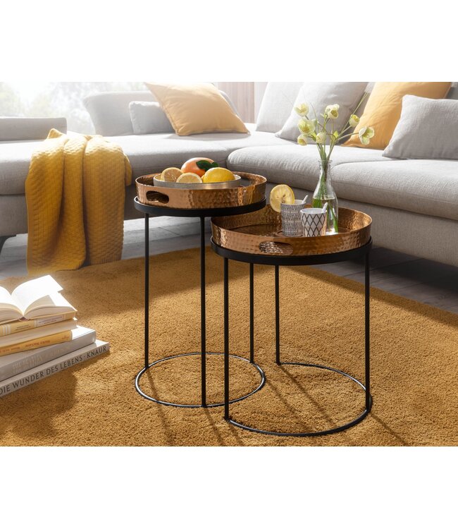 Wohnling Bijzettafel 2-delige set Goud / Zwart Metaal Hamerslag Salontafel Rond, Couchtafel afneembaar dienblad, Dienbladtafel Sofa 2-delig Modern, Ronde Sofatafel
