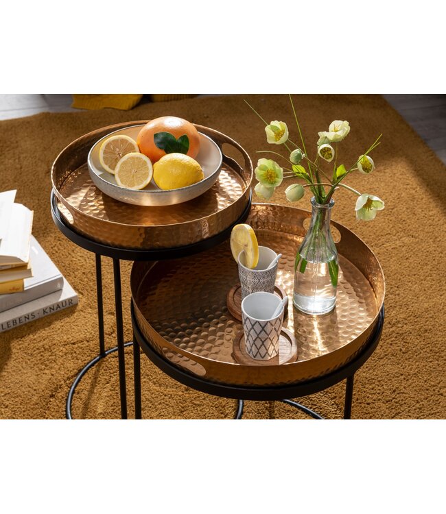 Wohnling Bijzettafel 2-delige set Goud / Zwart Metaal Hamerslag Salontafel Rond, Couchtafel afneembaar dienblad, Dienbladtafel Sofa 2-delig Modern, Ronde Sofatafel