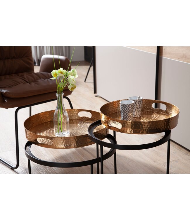 Wohnling Bijzettafel 2-delige set Goud / Zwart Metaal Hamerslag Salontafel Rond, Couchtafel afneembaar dienblad, Dienbladtafel Sofa 2-delig Modern, Ronde Sofatafel