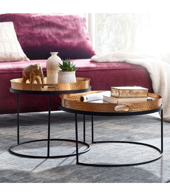 Wohnling salontafel set van 2 goud/zwart metaal hamerslag bijzettafel rond | Salontafel uitneembaar dienblad | Dienbladtafel bank 2 stuks modern | Ronde bijzettafel
