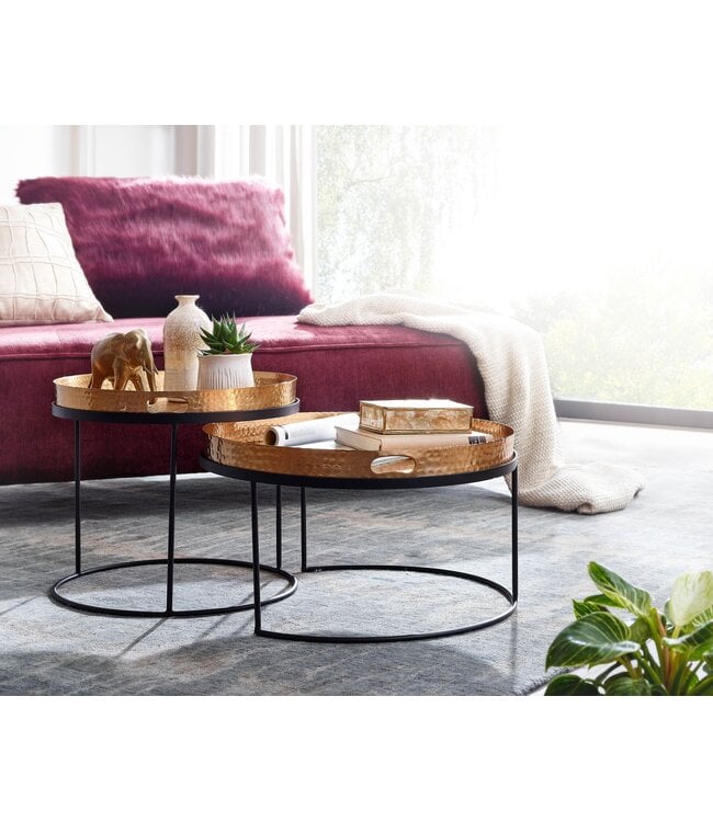 Wohnling salontafel set van 2 goud/zwart metaal hamerslag bijzettafel rond | Salontafel uitneembaar dienblad | Dienbladtafel bank 2 stuks modern | Ronde bijzettafel