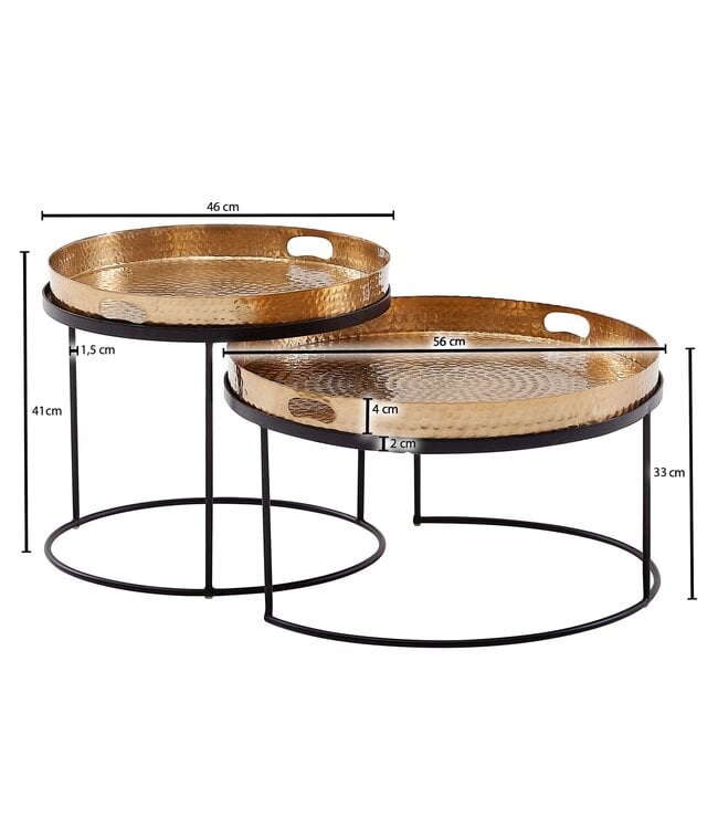 Wohnling salontafel set van 2 goud/zwart metaal hamerslag bijzettafel rond | Salontafel uitneembaar dienblad | Dienbladtafel bank 2 stuks modern | Ronde bijzettafel