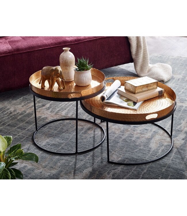 Wohnling salontafel set van 2 goud/zwart metaal hamerslag bijzettafel rond | Salontafel uitneembaar dienblad | Dienbladtafel bank 2 stuks modern | Ronde bijzettafel