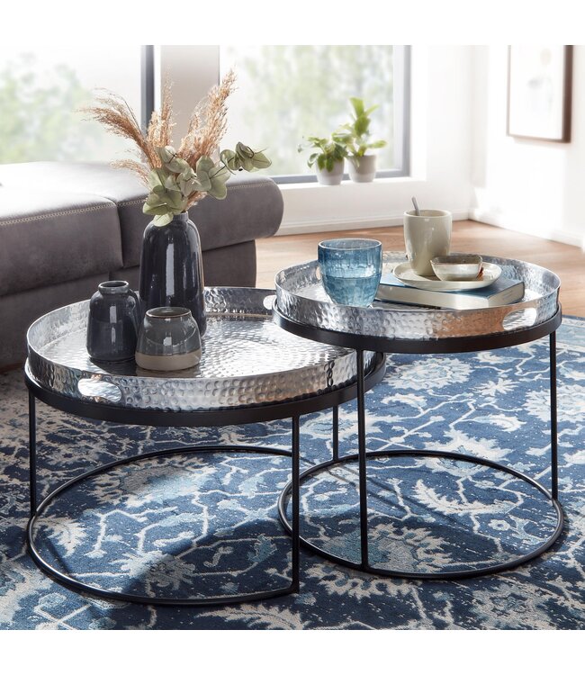Wohnling Salontafel 2-delige set Zilver / Zwart Metaal Hamerslag Bijzettafel Rond, Sofatafel met afneembaar dienblad, Dienbladtafel Sofa 2-delig Modern, Ronde Bijzettafel