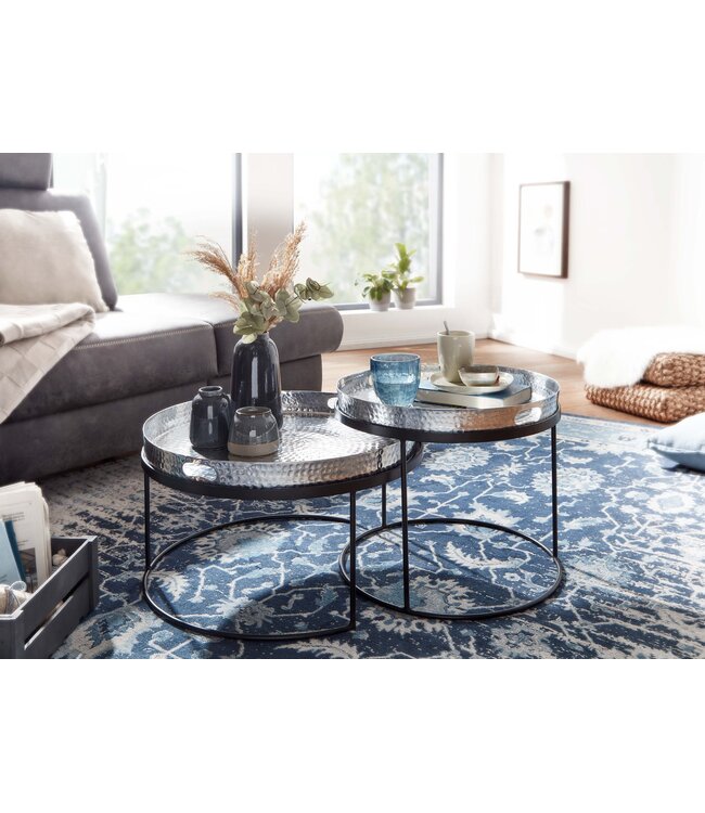 Wohnling Salontafel 2-delige set Zilver / Zwart Metaal Hamerslag Bijzettafel Rond, Sofatafel met afneembaar dienblad, Dienbladtafel Sofa 2-delig Modern, Ronde Bijzettafel