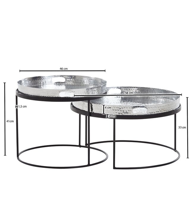 Wohnling Salontafel 2-delige set Zilver / Zwart Metaal Hamerslag Bijzettafel Rond, Sofatafel met afneembaar dienblad, Dienbladtafel Sofa 2-delig Modern, Ronde Bijzettafel