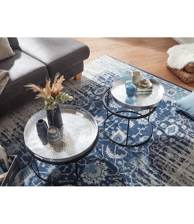 Wohnling Salontafel 2-delige set Zilver / Zwart Metaal Hamerslag Bijzettafel Rond, Sofatafel met afneembaar dienblad, Dienbladtafel Sofa 2-delig Modern, Ronde Bijzettafel