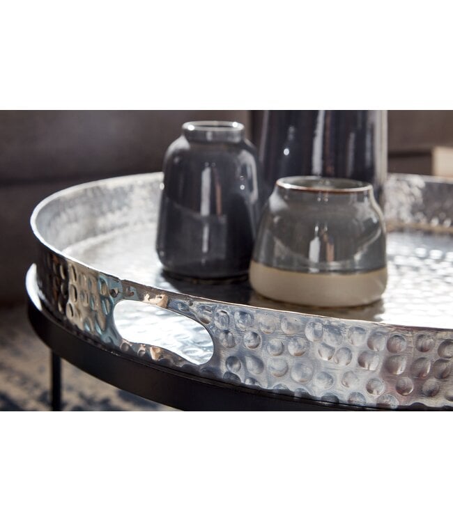 Wohnling Salontafel 2-delige set Zilver / Zwart Metaal Hamerslag Bijzettafel Rond, Sofatafel met afneembaar dienblad, Dienbladtafel Sofa 2-delig Modern, Ronde Bijzettafel