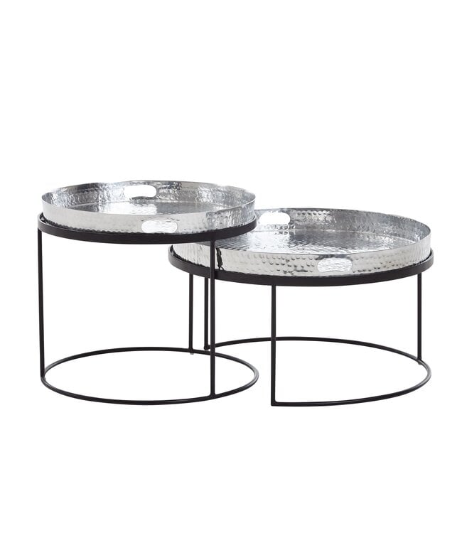 Wohnling Salontafel 2-delige set Zilver / Zwart Metaal Hamerslag Bijzettafel Rond, Sofatafel met afneembaar dienblad, Dienbladtafel Sofa 2-delig Modern, Ronde Bijzettafel