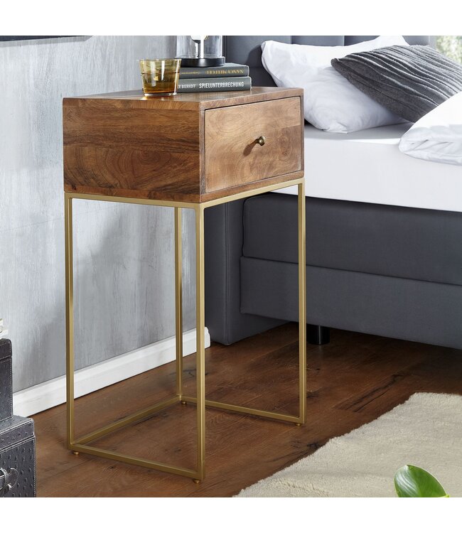 Wohnling nachtkastje mango massief hout / metaal 40x75.5x35 cm nachtkastje boxspring bed | Design nachtkastje met lade | Nachtkastje met opbergruimte