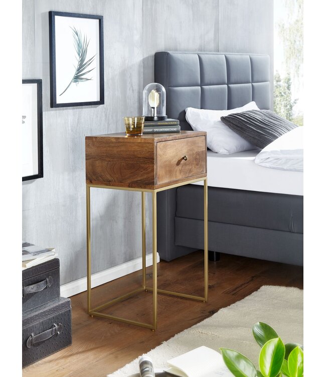 Wohnling nachtkastje mango massief hout / metaal 40x75.5x35 cm nachtkastje boxspring bed | Design nachtkastje met lade | Nachtkastje met opbergruimte