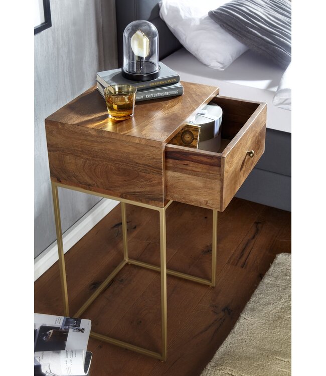 Wohnling nachtkastje mango massief hout / metaal 40x75.5x35 cm nachtkastje boxspring bed | Design nachtkastje met lade | Nachtkastje met opbergruimte