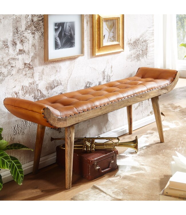 Wohnling bank echt leer / massief houten bank bruin 125x50x38 cm Chesterfield | Design gestoffeerde bank hal | Leren bank bedbank 2 personen | Moderne gangbank
