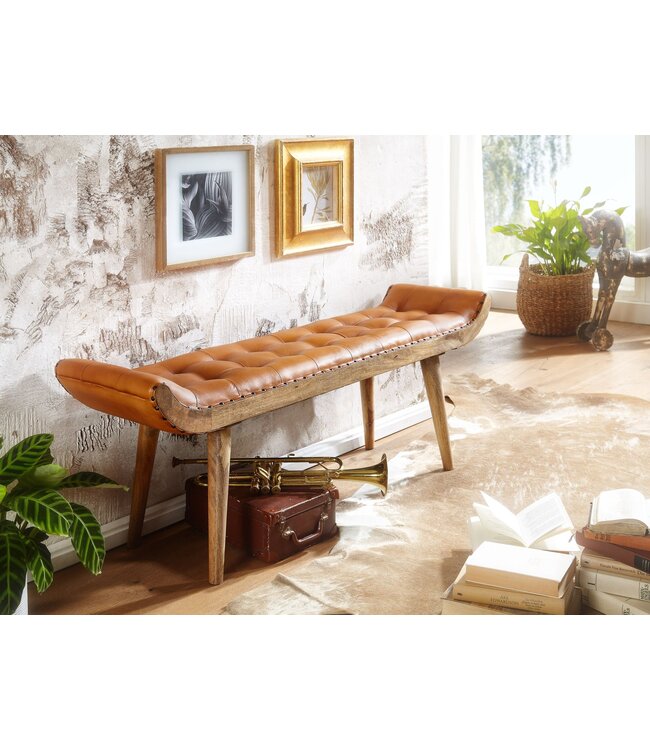 Wohnling bank echt leer / massief houten bank bruin 125x50x38 cm Chesterfield | Design gestoffeerde bank hal | Leren bank bedbank 2 personen | Moderne gangbank