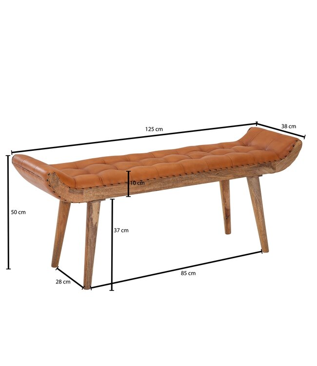 Wohnling bank echt leer / massief houten bank bruin 125x50x38 cm Chesterfield | Design gestoffeerde bank hal | Leren bank bedbank 2 personen | Moderne gangbank